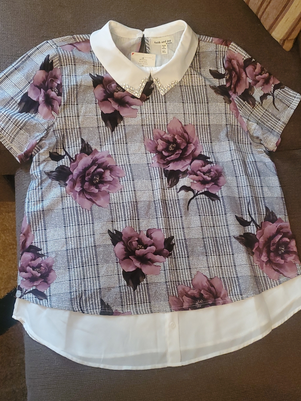 Faith and Joy Purple Floral Plaid Peter Pan Collar Blouse size XL